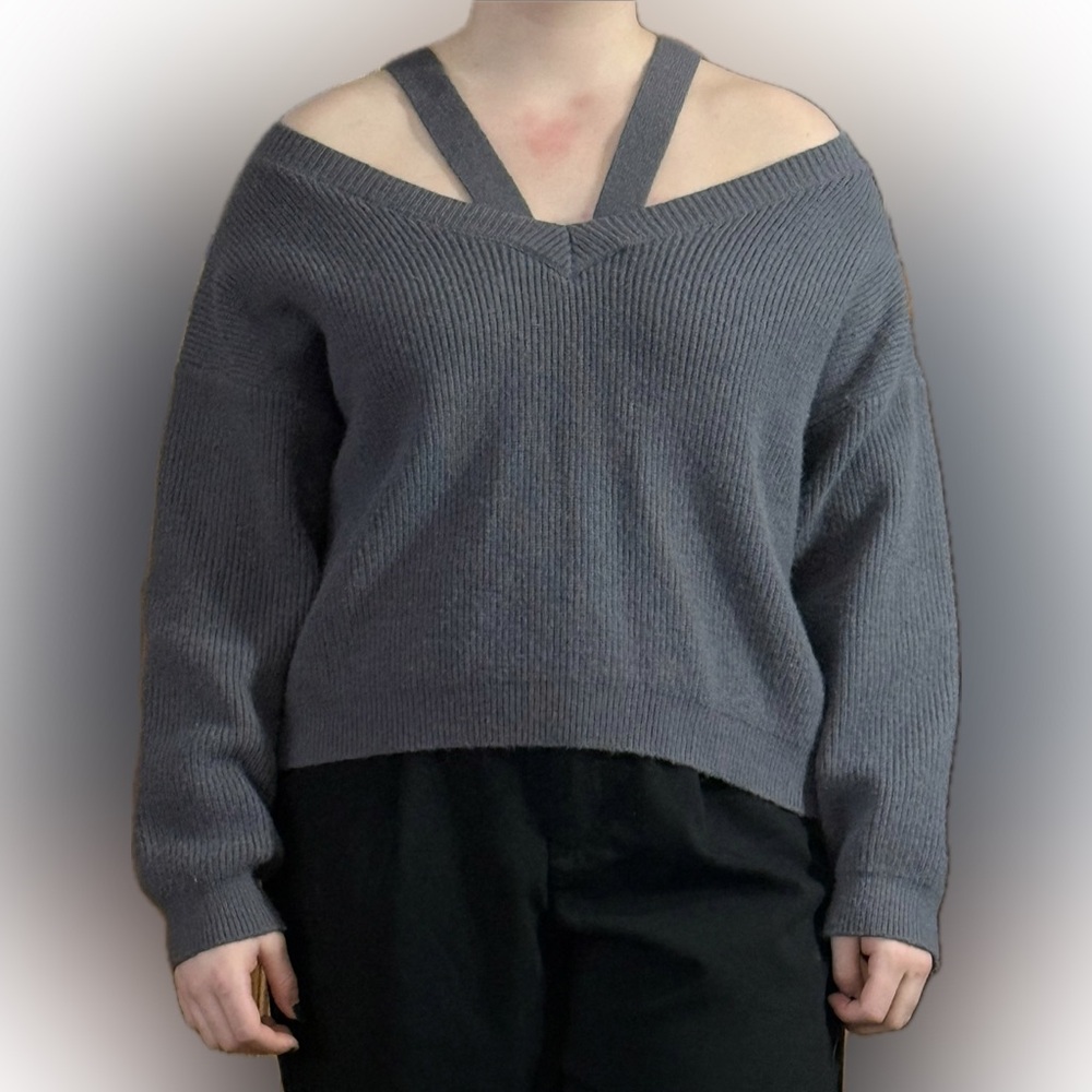 Gray Women's Sweater with Unique Strap Design